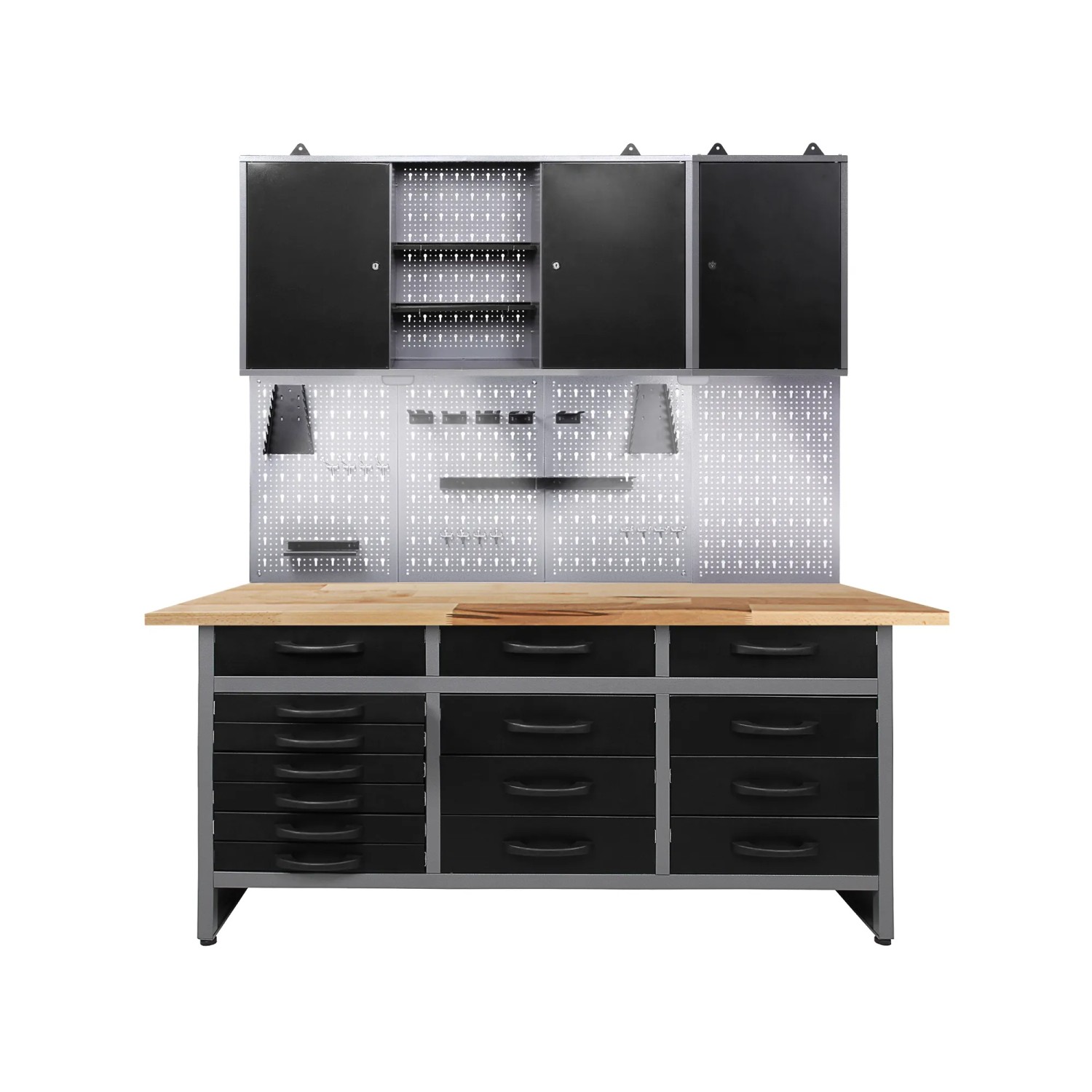 Ondis24 Werkstatt Set Konny 160 cm 2 Schränke LED Werkstatteinrichtung Werkbank