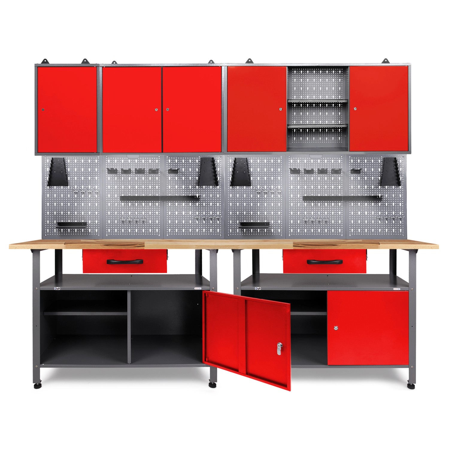 Ondis24 Werkbank Werkstatt Set Klaus 240 cm 3 Schränke LED Rot Werkstatteinrichtung