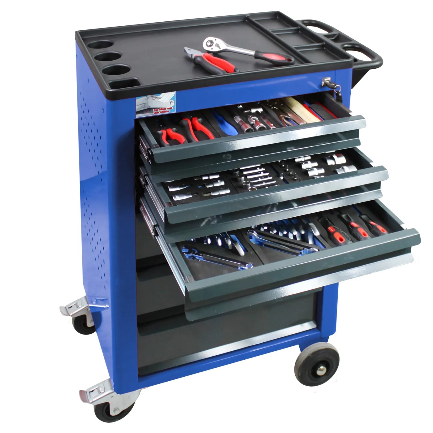 PROREGAL Werkstattwagen Cheetah 115 Teilig Werkzeugset 6 Schubladen HxBxT 96 x 61 x 45 cm Enzianblau