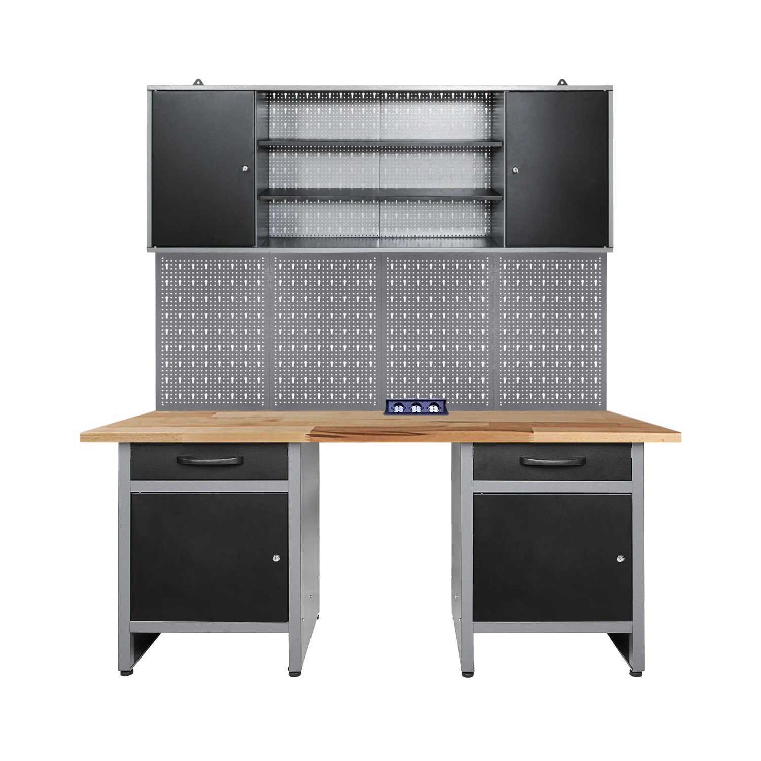 Ondis24 Werkstatt Set Wolle 160 cm mit Sitzraum Steckdosenleiste Werkstatteinrichtung Werkbank