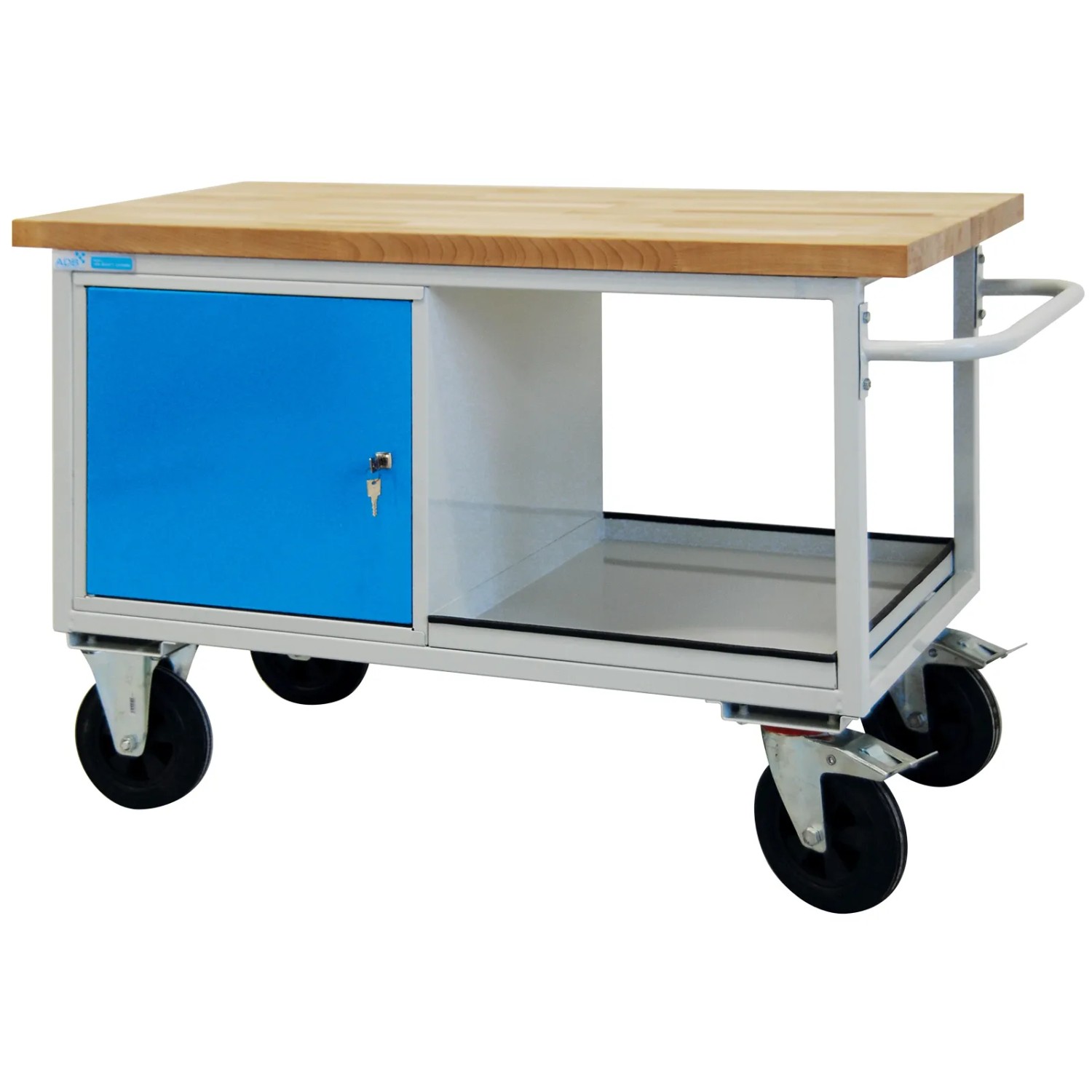 PROREGAL Mobile Werkbank Rhino mit Ablagefach 1 Tür HxBxT 83 x 130 x 60 cm Traglast 500 kg Lichtgrau Lichtblau