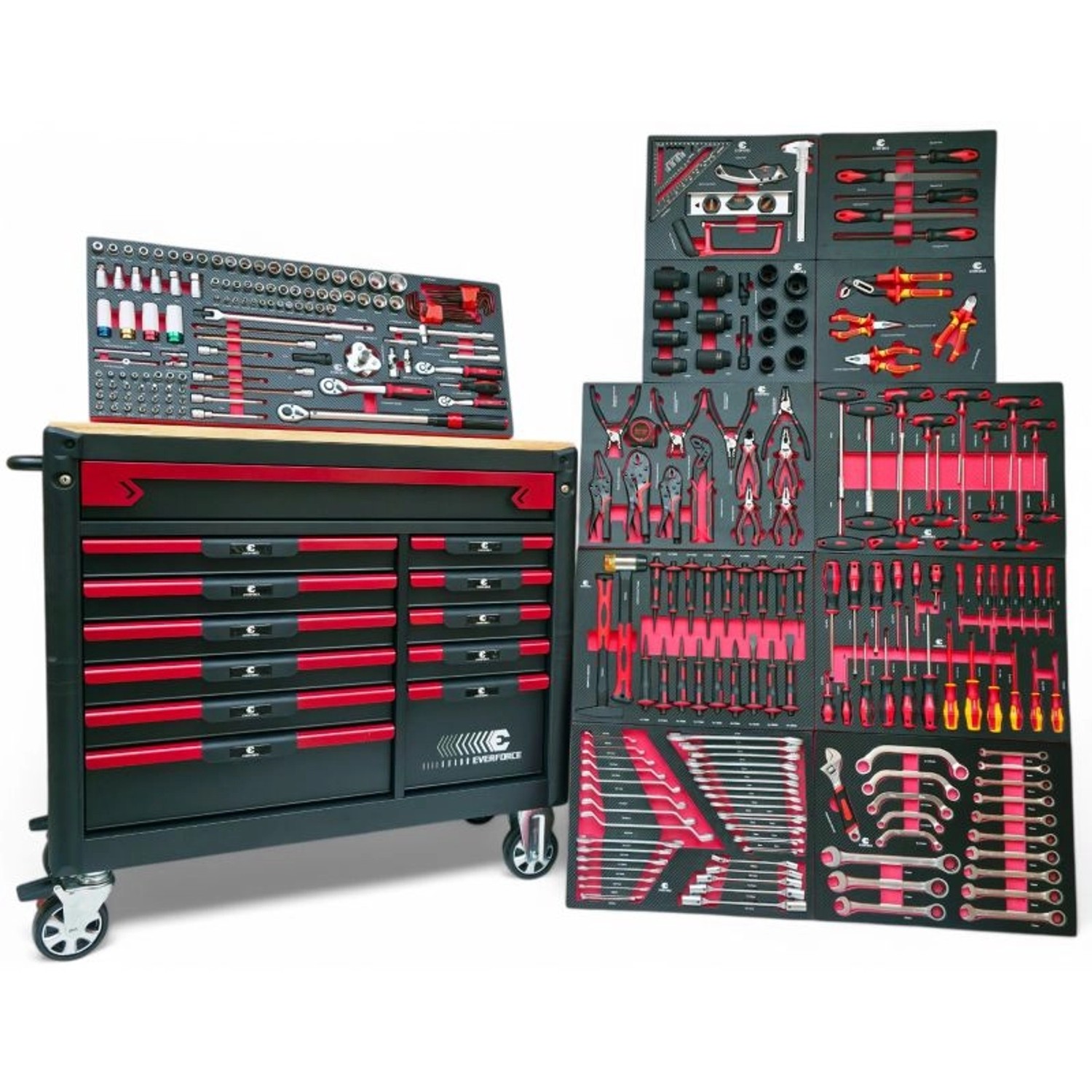 DeTec. Werkstattwagen Bestückt mit Werkzeug 12 Schubladen 11 Gefüllt Werkzeugwagen mit Holzarbeitsplatte Werkzeugkasten mit Carbon Optik Einlegern