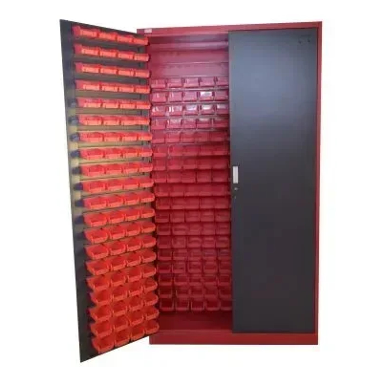 Jet-Line Kleinteileschrank Moldau in Anthrazit-Rot 120 cm Breit Inclusive 340 Stapelboxen