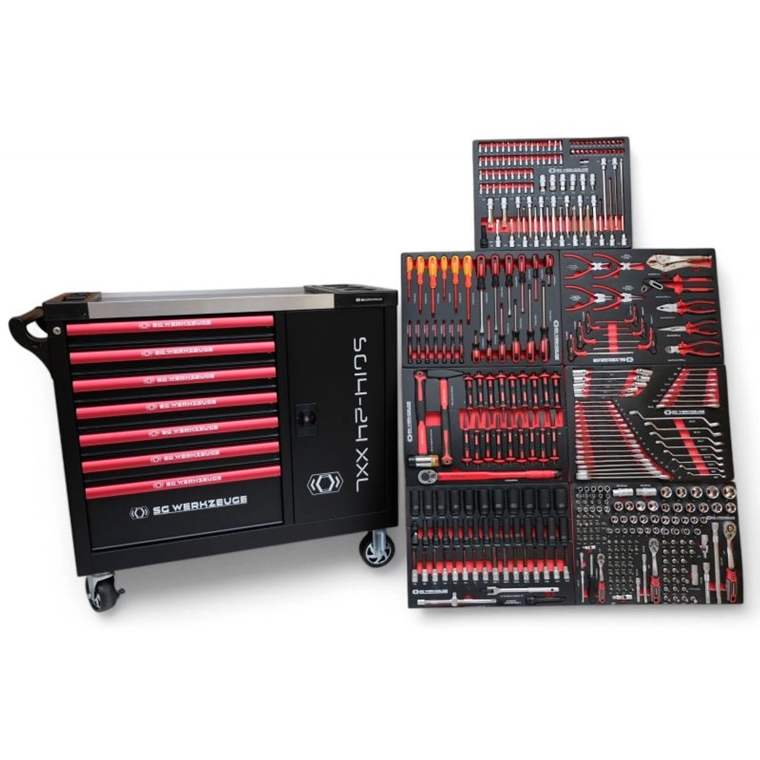 DeTec. Werkzeugwagen XXL Befüllt 7 Schubladen Gefüllt KFZ Werkstattwagen Carbon Optik Einleger KFZ Werkzeugkasten Red Black Edition Profiwerkzeug