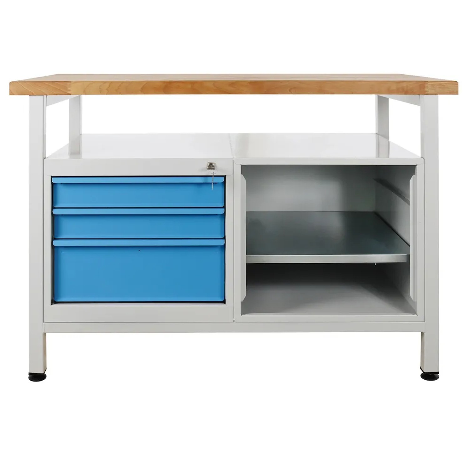PROREGAL Werkbank Rhino mit Ablagefläche 3 Schubladen Regalteil HxBxT 84 x 120 x 60 cm Traglast 300 kg Lichtgrau Lichtblau