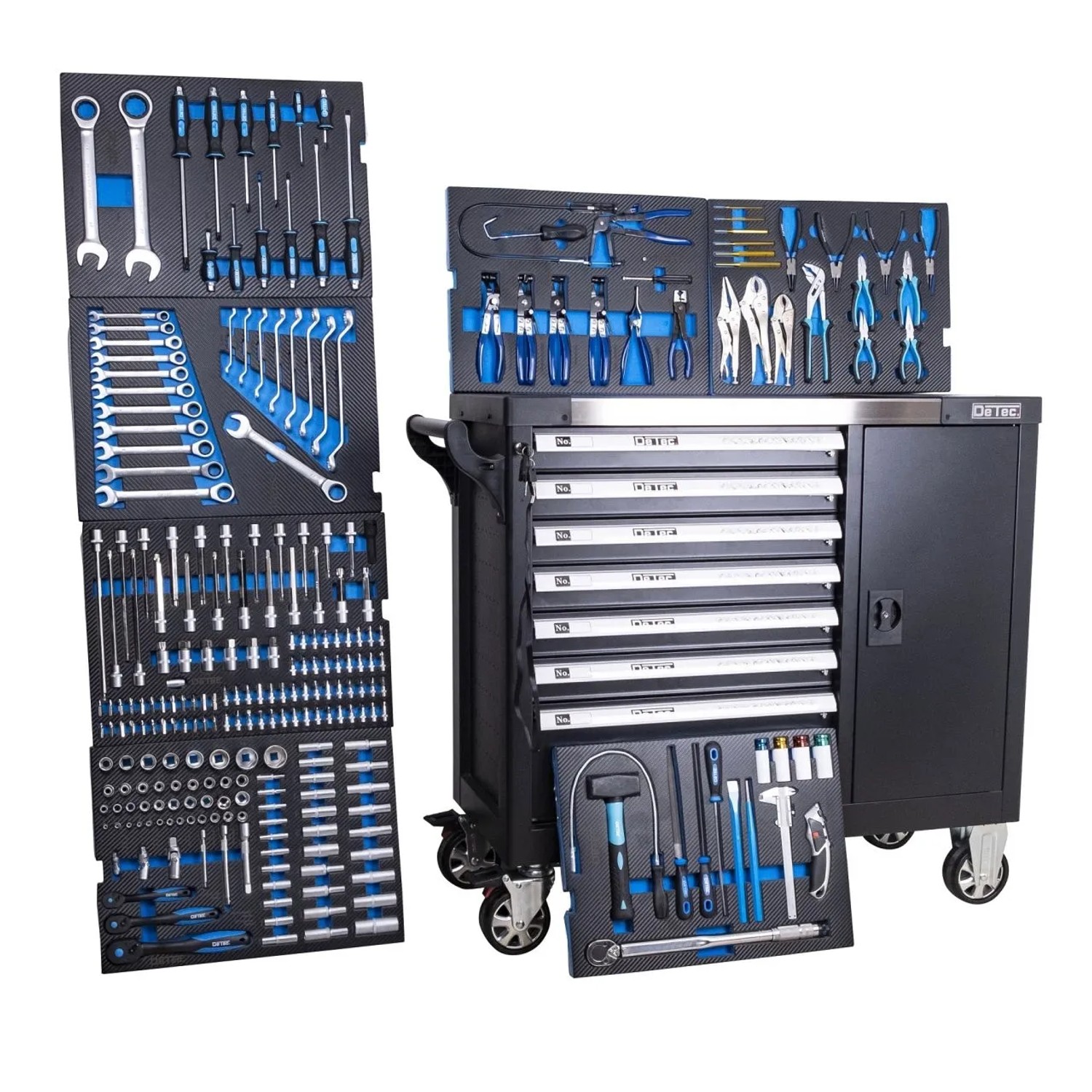 DeTec. XXL Werkstattwagen 1077 Heavy Duty Werkzeugwagen Bestückt mit Werkzeug Schaumstoff Einleger Werkzeugkiste mit Rollen Komplett Gefüllt Schwarz