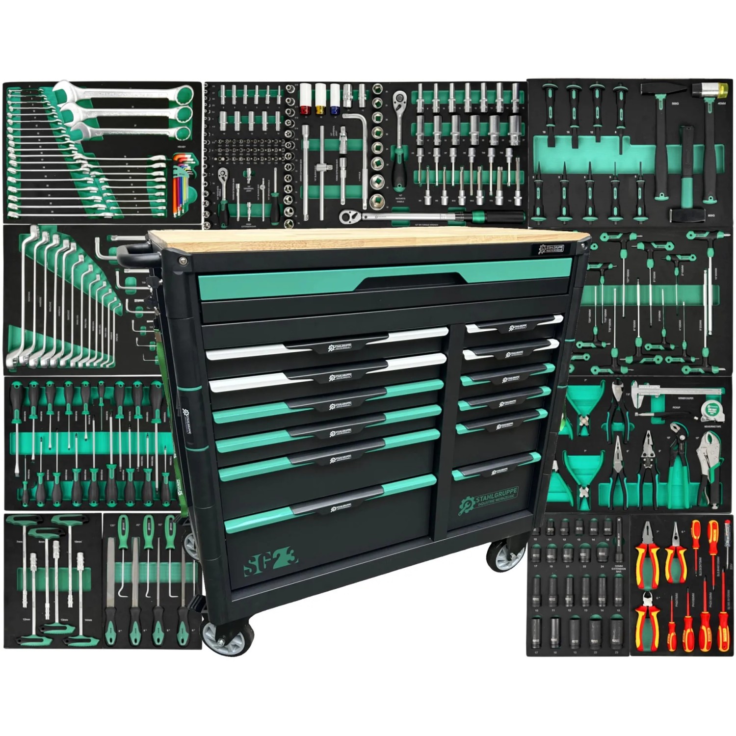 DeTec. XXL Werkstattwagen Bestückt Premium-Line Werkzeugwagen 13 Schubladen 11 Gefüllt KFZ Werkzeugkasten Gefüllt mit Werkzeug Abschließbar