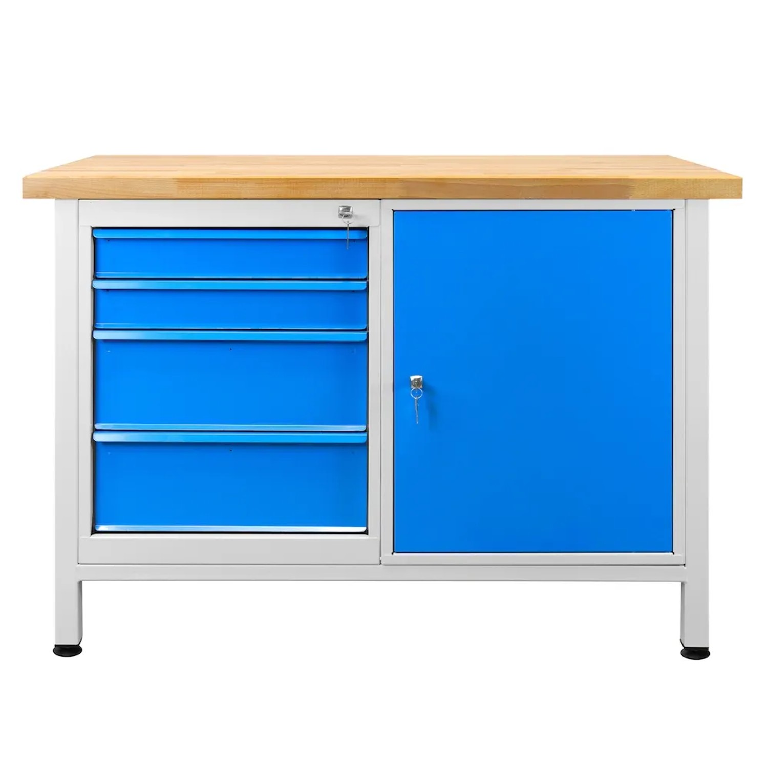 PROREGAL Werkbank Rhino mit 4 Schubladen 1 Tür HxBxT 84 x 120 x 60 cm Traglast 300 kg Lichtgrau Lichtblau